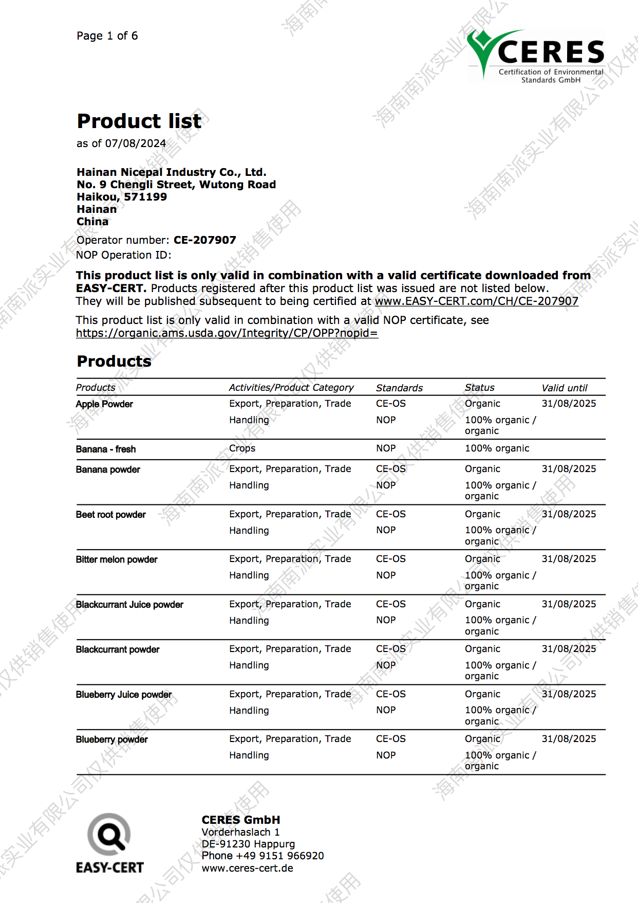 EU Organic Product List p1