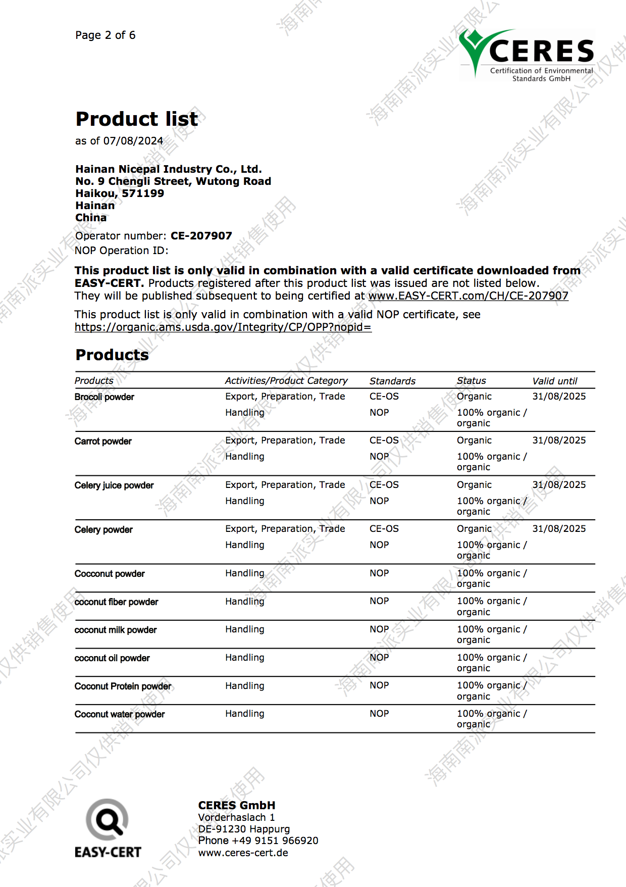 EU Organic Product List p2